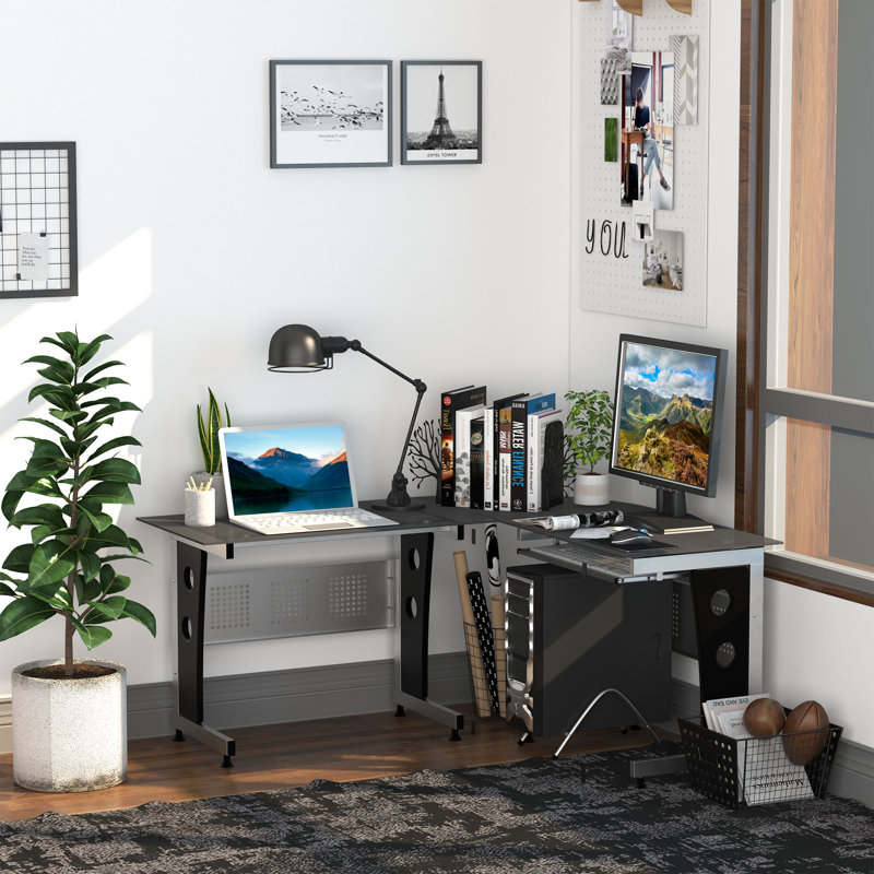 Naik L Shaped Glass Top Metal Base Computer Desk